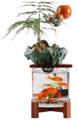 Flytande kalebass inomhusfontän med fisktank bordsskiva akvarium vattenfall fontän med träbas Feng Shui Zen dekor for hemmet(Oranje)