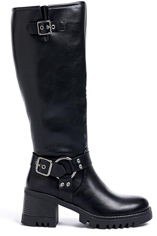 URBAN ROSA Stivali Donna Biker con Tacco a Blocco, Fibbie Decorative e Suola Antiscivolo – Stivali Moto alla Moda (Nero, 38 EU, Adulto, 38, Numero, Sistema Taglie Calzature EU, Media)