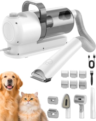 Aspiratore Tosatrice per Cani, 7 Strumenti, Silenzioso 1.5L (Bianco)
