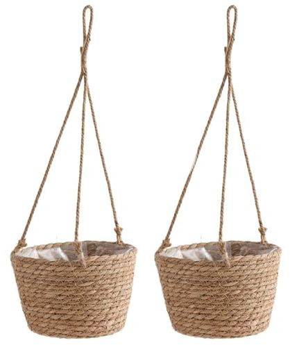 Wenrou 2 Pieza Maceta Colgante para Plantas, Exteriores Maceta Colgante para Plantas, Cesta Colgante para Plantas, Cesta de Cuerda de Yute, con Película De Plástico, para Dormitorios, Jardines