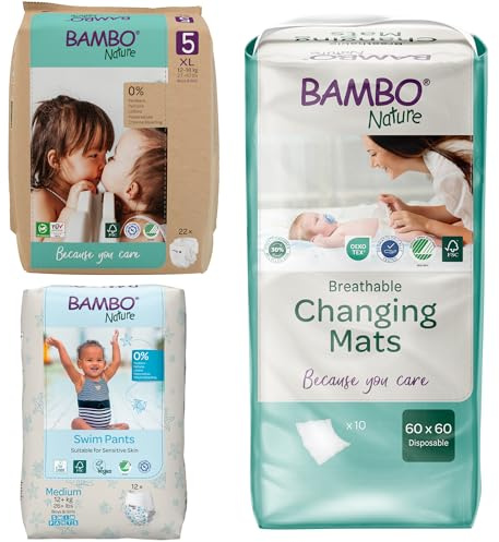 Bambo Nature Pannolini Taglia 5 (12-18 kg) 22 pz, Pannolini da Bagno Taglia M 12 pz e Tappetini Cambio Monouso 60x60 cm 10 pz, Assorbenti e Anti-Perdite
