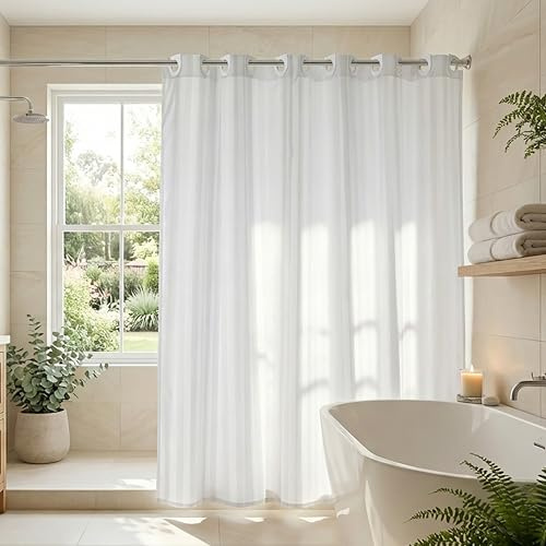 Croydex AF289122 Regency Stripe Water-Resistant Machine Washable Cling-Resistant Hookless Textile Shower Curtain,White,1800 x 1800mm (WxL)