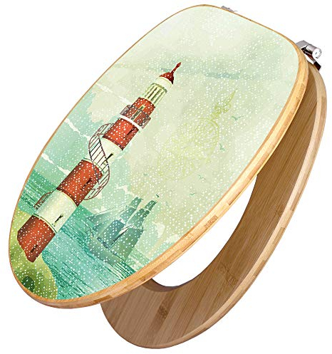 banjado Design WC Sitz Bambus 45x37,5cm / Toilettendeckel Holz/hochwertiger Toilettensitz/Bambus-Toilettendeckel für alle gängigen Toiletten - Alter Leuchtturm