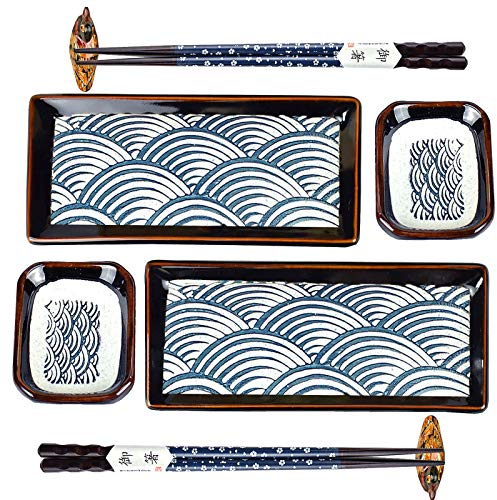 Artcome Juego de vajilla de cerámica de sushi de estilo japonés de 8 piezas para inauguración de la casa de boda, 2 platos de sushi, 2 platos de salsa, 2 pares de palillos, 2 soportes para palillos