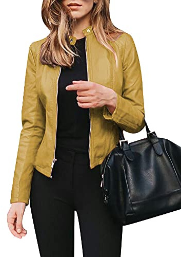 YAOTT Chaqueta de manga larga para mujer chaqueta de cuero elegante de otoño chaqueta corta de piel sintética chaqueta de motocicleta chaqueta corta de primavera y otoño amarillo M