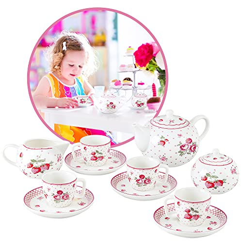 fanquare 12-Teilig Porzellan Kaffeeservice für Kinder und Mädchen, Rot Rose Teeservice, Teeparty-Geschenkset für Rollenspiele, Picknic