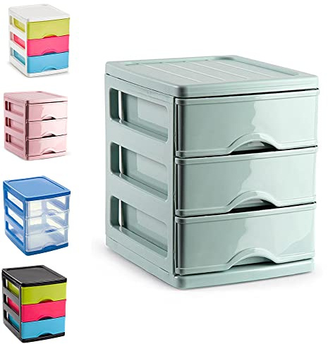 Plastic 3 Drawers Desktop Storage Unit with Drawers, Stationary Arts Drawer Desktop Tabletop Organiser Storage Tower Unit for Office Bedroom Garage (17 x 13.5 x 17cm, Mint Green)