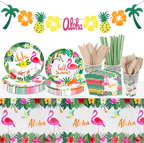 Hysagtek 130PCS Hawaiian Flamingo Party Tableware Set for 16 Guests | Tropical Luau Dinnerware with Paper Plates Cups Napkins Straws Wooden Cutlery Tablecloth Banner for Summer Beach Aloha Party