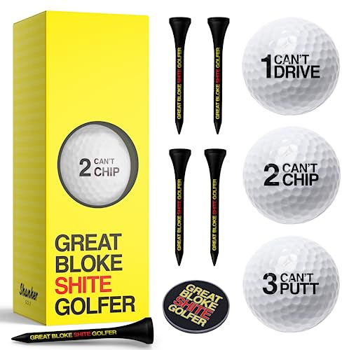 Shanker Golfbollar presentset – Shite Golfer startpaket – ärm med 3 bollar, bollmarkör och träpeggar set – perfekt rolig present till golfare – rolig oförskämd hemsk golfboll set – ny golfpresent