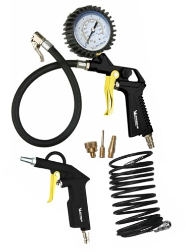MICHELIN Kit Air Comprimé 3 Pièces (Inclus Pistolet de Gonflage avec Manomètre, Tuyau Spirale 5 m, Soufflette Bec Court - Pression Maximale : 8 bar