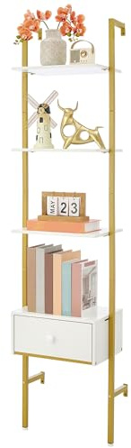 Tajsoon Ladder Shelf, Tall Bookcase with Storage Drawers, 4-Tier Wood Wall Mounted Bookshelf, Open Display Rack, Storage Shelves for Bedroom, Home Office, Collection, Plant Flower, Gold & White