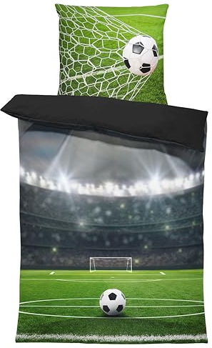 one-home Bettwäsche 135x200 cm Fußball Stadion grün schwarz Jungs Kinder Wende Microfaser