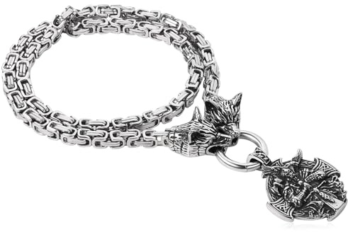 OIDEA Collar Vikingo Cabeza de Lobo para Hombre: Colgante de Odín Warrior Collar de Plata de Acero Inoxidable Viking Noruega Vintage Pesado - Para Uso Diario Amuletos Regalo