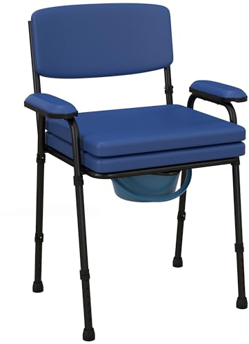 HOMCOM Chaise percée toilette, chaise de toilette antidérapante, chaise pot de chambre adulte 5 en 1 multifonctions, hauteur réglable, seau amovible - dossier, siège et accoudoirs rembourrés, bleu