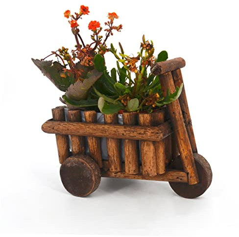POPETPOP Wooden Cart Flower Pot Small Wheelbarrow Planter Brown 23x12x18cm Ornamental Plant Pot for Home Garden Window Display