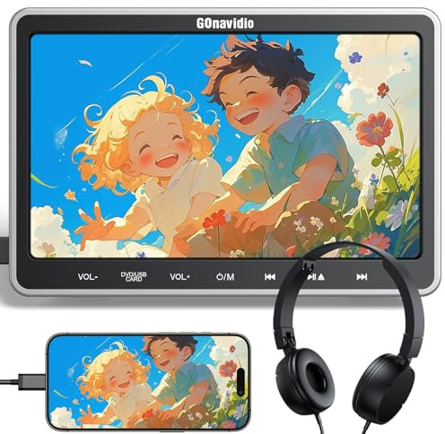 GOnavidio 10,5 Zoll DVD Player Auto Kopfstütze mit HDMI-Eingang, Kopfhörer, Halterung, Auto Fernseher TV Monitor Rücksitz Für Kinder unterstützt Sync Screen, AV EIN- und Ausgang ohne Akku