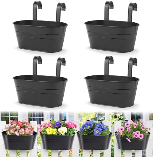 LATERN 4 Stück Metall Aufhängen Blumentöpfe, 27,5cm Große Blumentöpfe Hängender Blumeneimer mit Abnehmbarem Haken für Balkon Zaun Garten Heim Dekor (Schwarz)