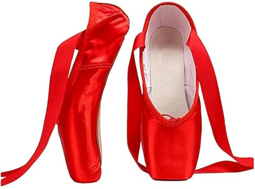 BWGHBH Zapatos de Punta Ballet Profesionales para Niñas y Mujeres Zapatillas de Baile o Danza con Cintas para Chicas(Rojo de satén, Talla-34