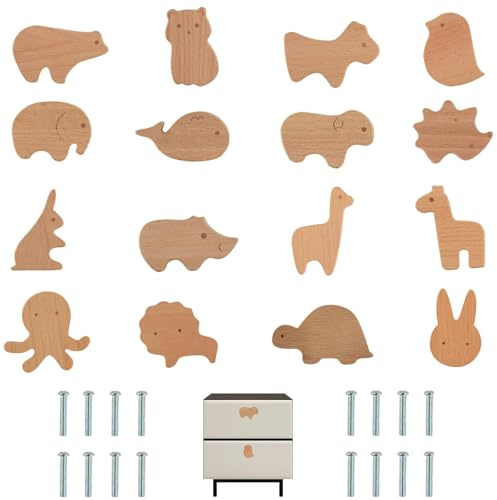 DASHUAIGE Lot de 16 boutons d'armoire en bois pour chambre d'enfant, en forme d'animal, boutons de meuble et de porte d'armoire avec vis