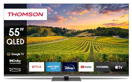 THOMSON 55 Pouces (139 cm) QLED Pied Central Google Smart TV, Wi-FI, Dolby Audio, HDR10, Bluetooth 5.1, Triple-Tuner (Câble/Satellite/Antenne), HDMI, CI+, Panneau A+ – 55QG5C14