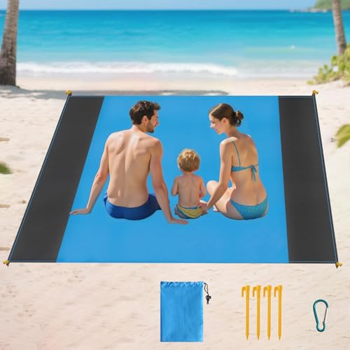 XWCHASA Coperta da Spiaggia con 4 Picchetti Fixed, 200 x 210 cm Coperta da Picnic Pieghevole, Anti Sabbia Portatile Coperta da Picnic Adatto per Camping Viaggi Escursione Spiaggia(Blu)