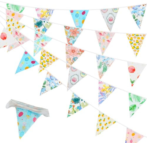 Guirlande de fanions hawaïenne multicolore en tissu, 10 m, 26 fanions floraux, guirlandes de jardin, guirlandes vintage en tissu pour fêtes, anniversaires, goûters, Pâques et décorations hawaïennes