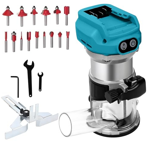 Brushless Router Trimmer Compatible with Makita 18V Battery | 30000RPM Cordless Power Router Handheld Wood Trimmer with 6 Speed, Aluminum Base Router with 15pcs 1/4 Router Bits