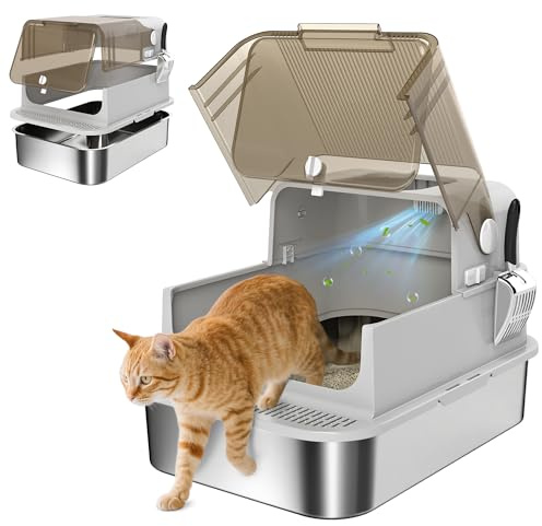PawHut XXL Stainless Steel Cat Litter Tray, Enclosed Cat Litter Box with 90° Flip Cover, Double Doors, Scoop, Easy Clean, Odor Control, Anti-Leaking, Non-Sticky, Grey