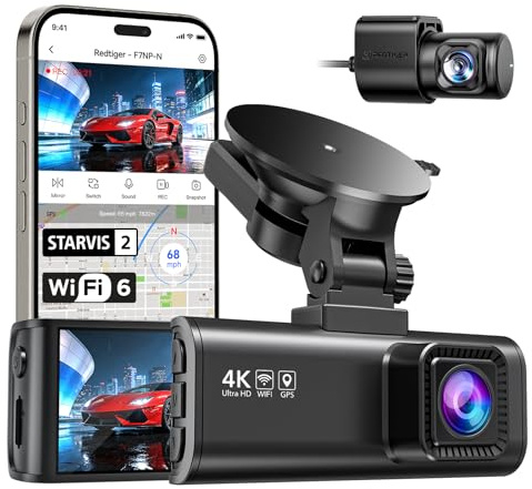 REDTIGER Dash Cam 4K Front and 1080P Rear, STARVIS 2 Sensor, 5.8GHz WiFi (20MB/s), GPS, WDR & HDR Night Vision, 170°Wide Angle, Parking Mode, Loop Recording with Emergency Lock(SD Card Not Included)