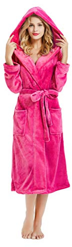 HEARTNICE Womens Hooded Fleece Robe, Soft Plush Bathrobe for Womens, Fluffy Cute Long House Coat (Rose Hooded, L/XL)