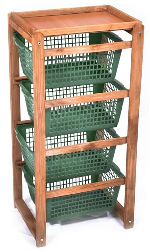 Carrello salvaspazio, cucina, legno naturale scuro, 4 cestelli in polipropilene, portafrutta 38x32x82h