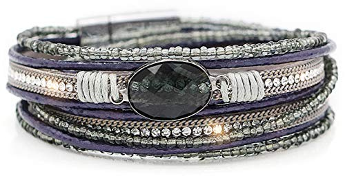 Gleamart Wrap Multi-Layer Leather Bracelet Beads Cuff Bangle for Women Grey