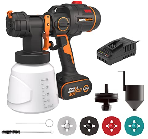 WORX WX020 Nitro Akku-Farbsprühsystem 20V - leistungsstark bürstenloser Motor - 3 Sprühform & 4 Düsengrößen - einfache Reinigung - gleichmäßiges Sprühen - inkl. 4Ah Akku & 2A Schnellladegerät