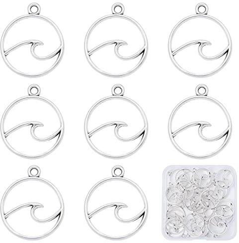 SUNNYCLUE 1 Box 30Pcs Alloy Wave Charms Silver Ocean Waves Charm Bulk Round Openwork Sea Surfer Charm for Jewellery Making Charms DIY Beach Summer Hawaii Necklace Bracelet Earring Women Beginner Adult
