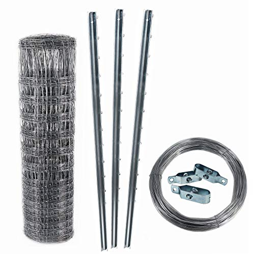 Aquagart Z-Profil Zaunpfosten Wildzaun Komplettset I 50m Knotengeflecht Zaun mit Zaunpfählen Spanndraht & Drahtspannern (50m Zaun 125/13/30 + 15 Z-Pfosten 1,8m+ 250m Spanndraht & 10 Spanner)