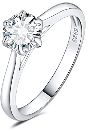 JewelryPalace Solitario Anillo Plata Mujer 0.5ct Moissanita Corte Redonda, Anillo de Compromiso Plata de Ley 925 Diamante Simulado, Anillo Promesa Niña Clásico Piedra 6 Garras, Joyas de Mujer 20,5