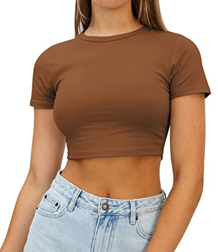 AirMood Dam sommar kortärmad ledig beskuren T-shirt, Brun, S