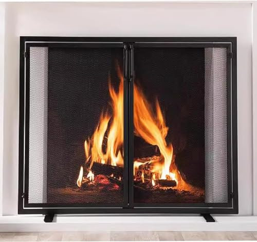 Parafuoco resistente con 2 porte, per caminetto domestico, nero, parascintille da giardino, copertura in rete per griglie, fuoco aperto