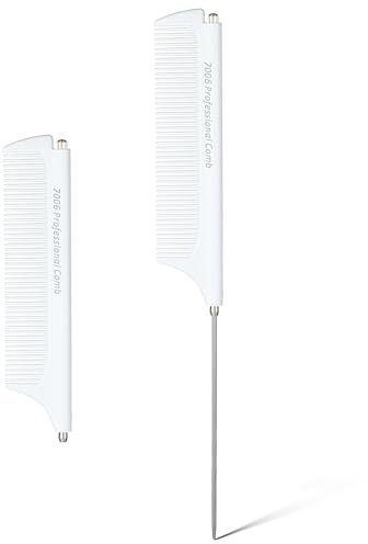 2 Stück Teleskop Stielkamm Weiß Strähnenkamm Friseur Kamm aus Edelstahl Antistatisch Rattenschwanzkamm Kamm mit Stiel, Geeignet für Damenzöpfe und Geflochtene Haare (weiß)