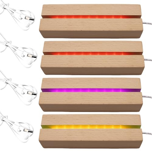 4 Piedistalli LED in Legno, Base Luminosa USB, Display per Piastra in Acrilico, Cristalli - Decorazione Multicolore (15 cm)
