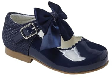 Girls Patent Mary Jane Navy Blue Shoes with Satin Bow- Ideal Footwear for Dressy Occasions Size UK Infant 7