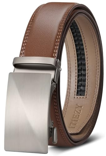 ITIEZY Cintura Uomo Marrone in Pelle, Cintura a Cricchetto Senza Buchi, Regolabile con Fibbia Automatica, Larghezza 35 mm, Misura Personalizzata