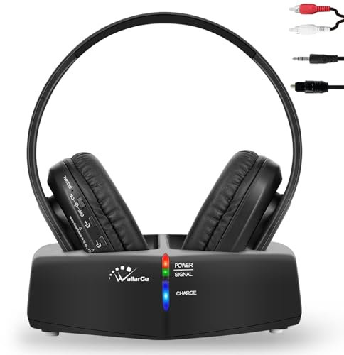 WallarGe Funkkopfhörer für Fernseher/TV mit RF und Bluetooth, Over-Ear kabellose kopfhörer mit RF Digitales Ladestation mit Reichweite 30 m, mit Optisches und Aux Port,Plug and Play (Schwarz)