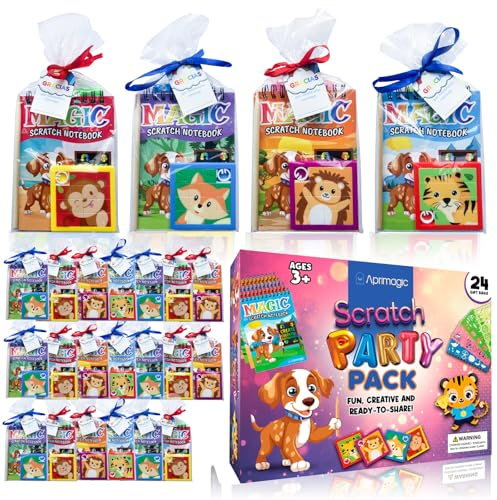 Aprimagic Pack 24 Libretas Scratch, Puzzles y Bolsas de Regalo - Regalos Cumpleaños Niños Colegio - Bolsitas Cumpleaños Infantiles - Detalles Cumpleaños Niños (24)