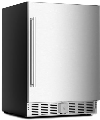 Crzoe 24 Inch Mini Fridge, 5.0 Cu.Ft Undercounter Refrigerator with Temperature Control & Digital Display, Stainless Steel Outdoor Refrigerator for Home, Single Door Fridge with Door Lock & LED Light