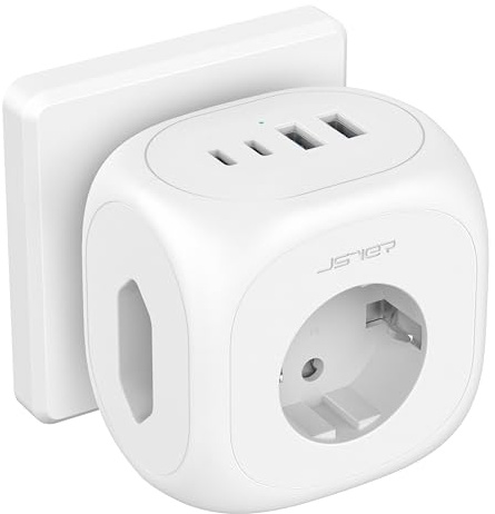 JSVER Ladron Enchufes 4000W con USB C, 7 en 1 Cubo Enchufes Múltiples Pared, Triple Cargador Schuko con 3 Tomas de CA y 4 USB Adaptador de Enchufe para Hogar Oficina Viajes-Blanco