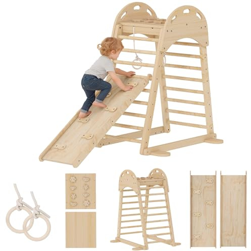 AIYAPLAY 6 en 1 Triángulo de Escalada Montessori, Estructura de Escalada de Madera con Plataforma, Anillos y Tobogán, para Deslizarse o Escalar, para Niños de 18-48 Meses, Interiores, Natural