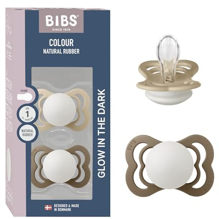 BIBS Supreme Glow Dummy, 0-6 Months, 2-Pack, Vanilla Glow/Dark Oak Glow | Symmetrical Silicone Teat | Size 1 | BPA-Free | Made in Denmark | Glow Handle | High Teat Acceptance | Airflow Holes