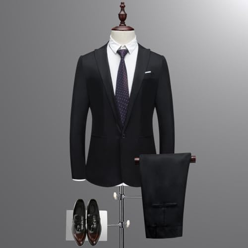 Completo casual da uomo, giacca e pantaloni da lavoro, abito in due pezzi, tinta unita, slim fit, per ufficio (M, nero)