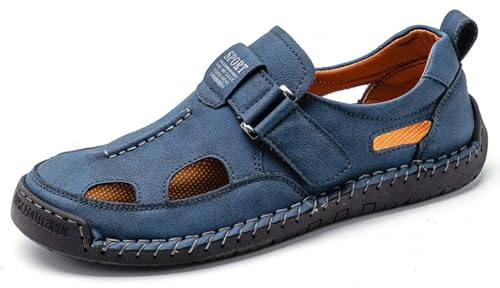 Hixingo Sandales Homme Cuir Randonnée Été Confortable Respirantes Antidérapantes Bout Fermé Chaussures d'été Légères Sandales Décontractées pour Randonnée Plage Marche Extérieur, 38-48